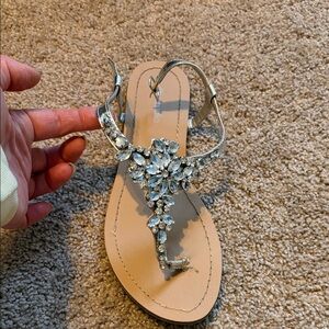 Crystal Embellished Silver T-Strap Sandal